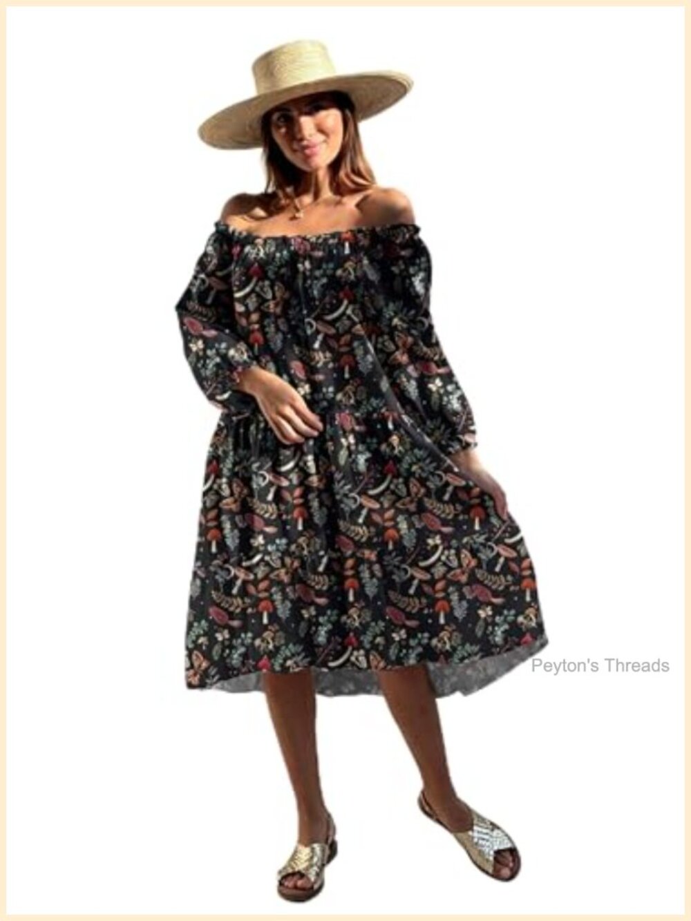 Off-Shoulder Floral Midi Dress Tiered Flowy 3/4 Puff Sleeve Boho Beach Sundress